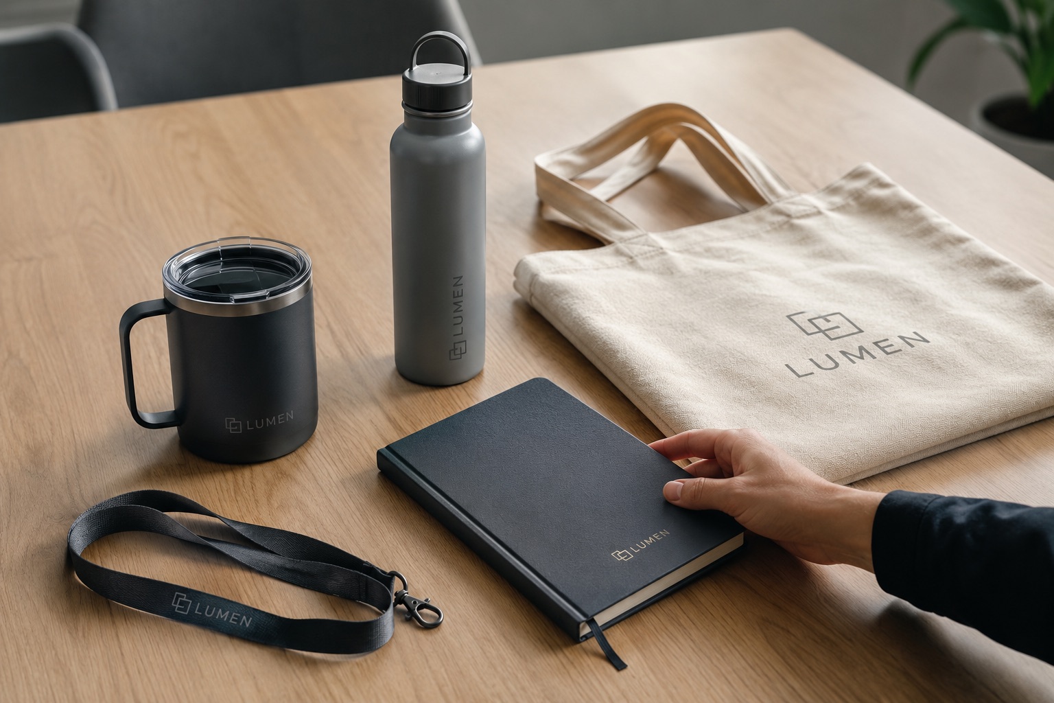Composição de brindes corporativos personalizados em fundo neutro