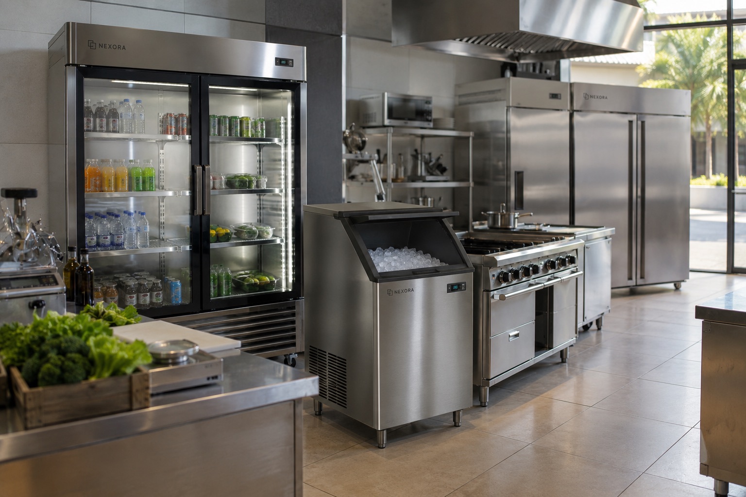 Equipamento comercial em inox exibido em fundo neutro