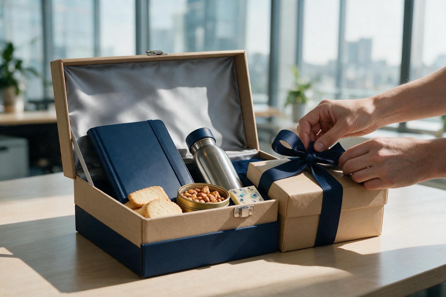 Kit de fim de ano corporativo montado com itens personalizados