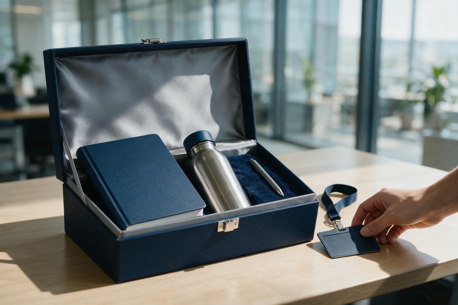 Kit de onboarding corporativo montado com itens personalizados